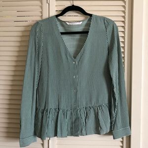 Green and White Stripe Top With Ruffles